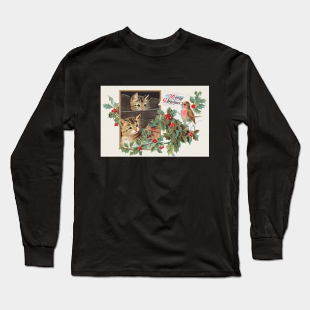 Cute Christmas Kitten Cats Vintage Greeting Card Long Sleeve T-Shirt by softbluehum